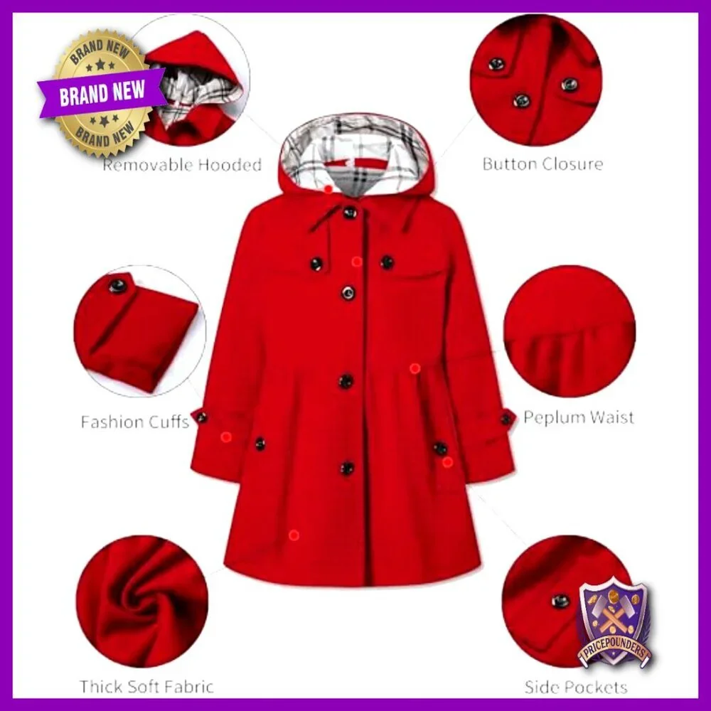 Girls Wool Blend Hooded Peacoat Classic Chic Outerwear Fall Winter Cozy